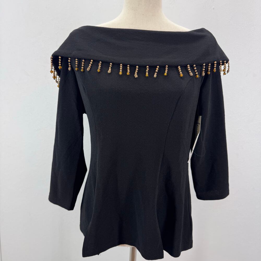 NWT NICOLE MILLER Women's Black Stretch Knit Top Office Chic Receptionist sz 14